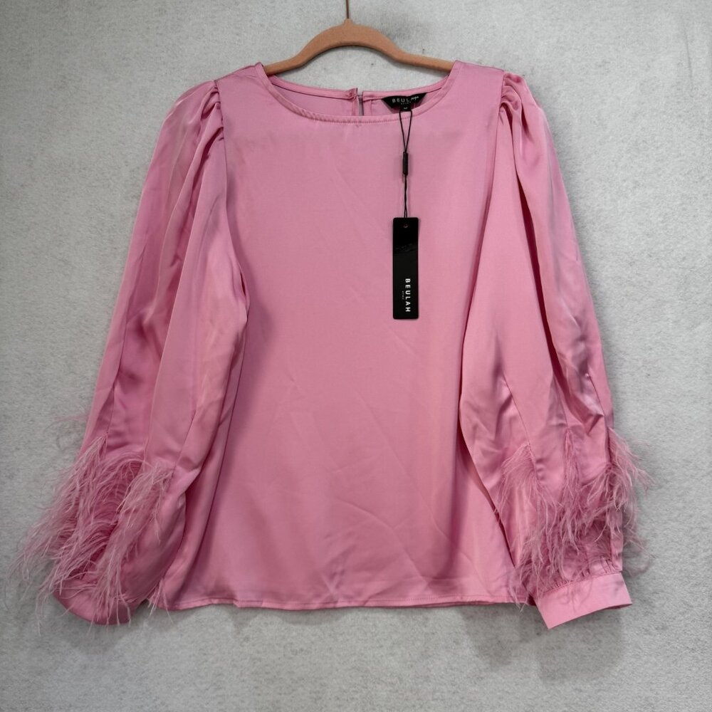Beulah Style Shirt Womens Medium Pink Feather Cuff Satin Long Sleeve MC2598
